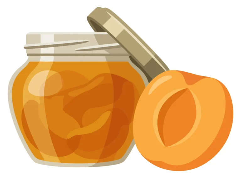 apricot jam in a glass jar with an open lid and a fresh apricot half isolated on white background