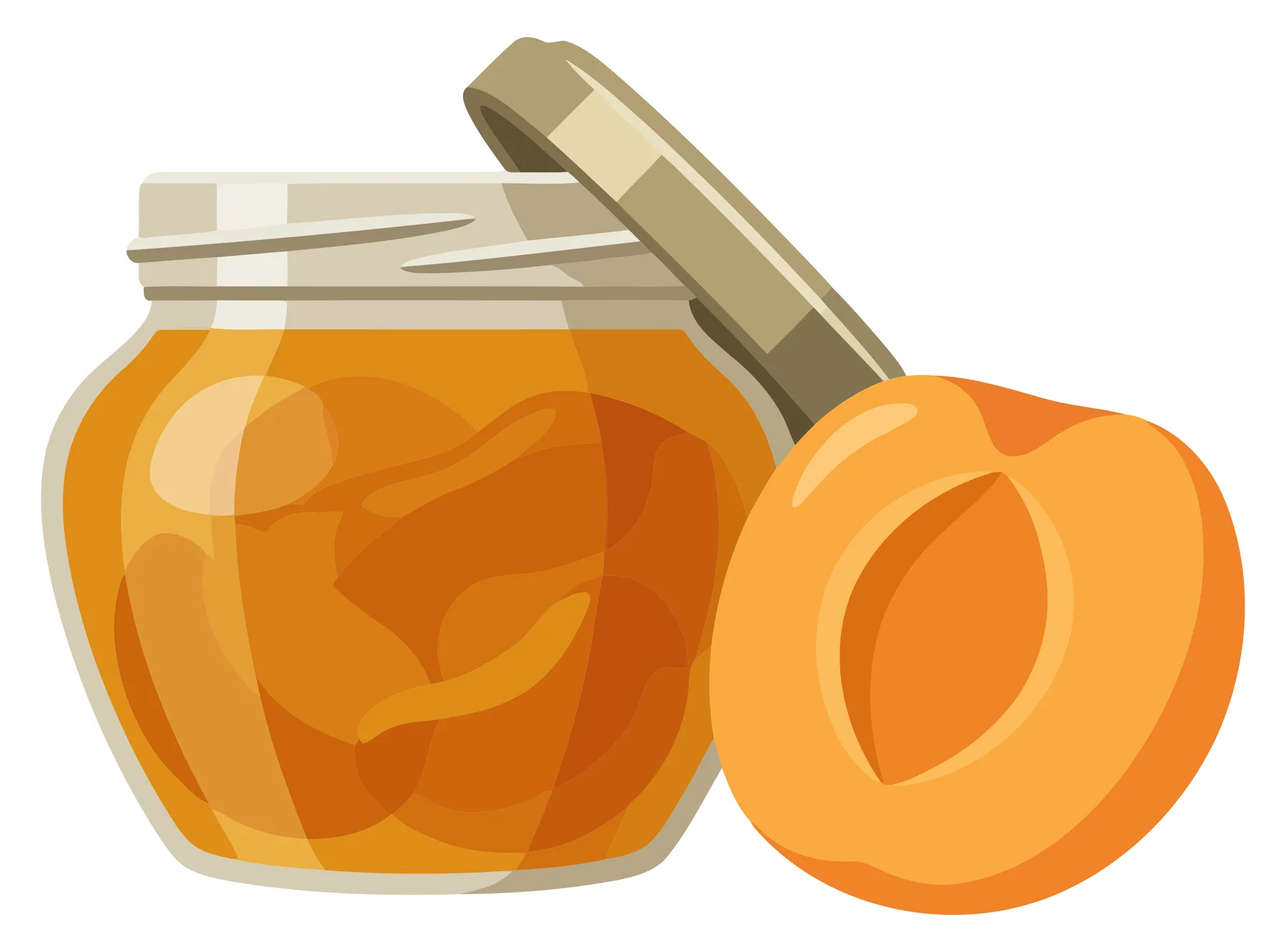 apricot jam in a glass jar with an open lid and a fresh apricot half isolated on white background