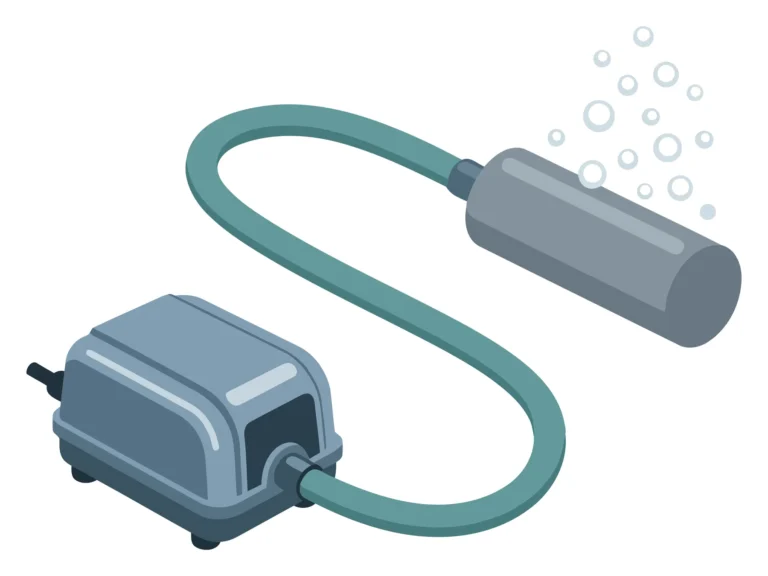 aquarium air pump with air stone and tubing, vector illustration of a fish tank aeration system for oxygenating water in a pet aquarium