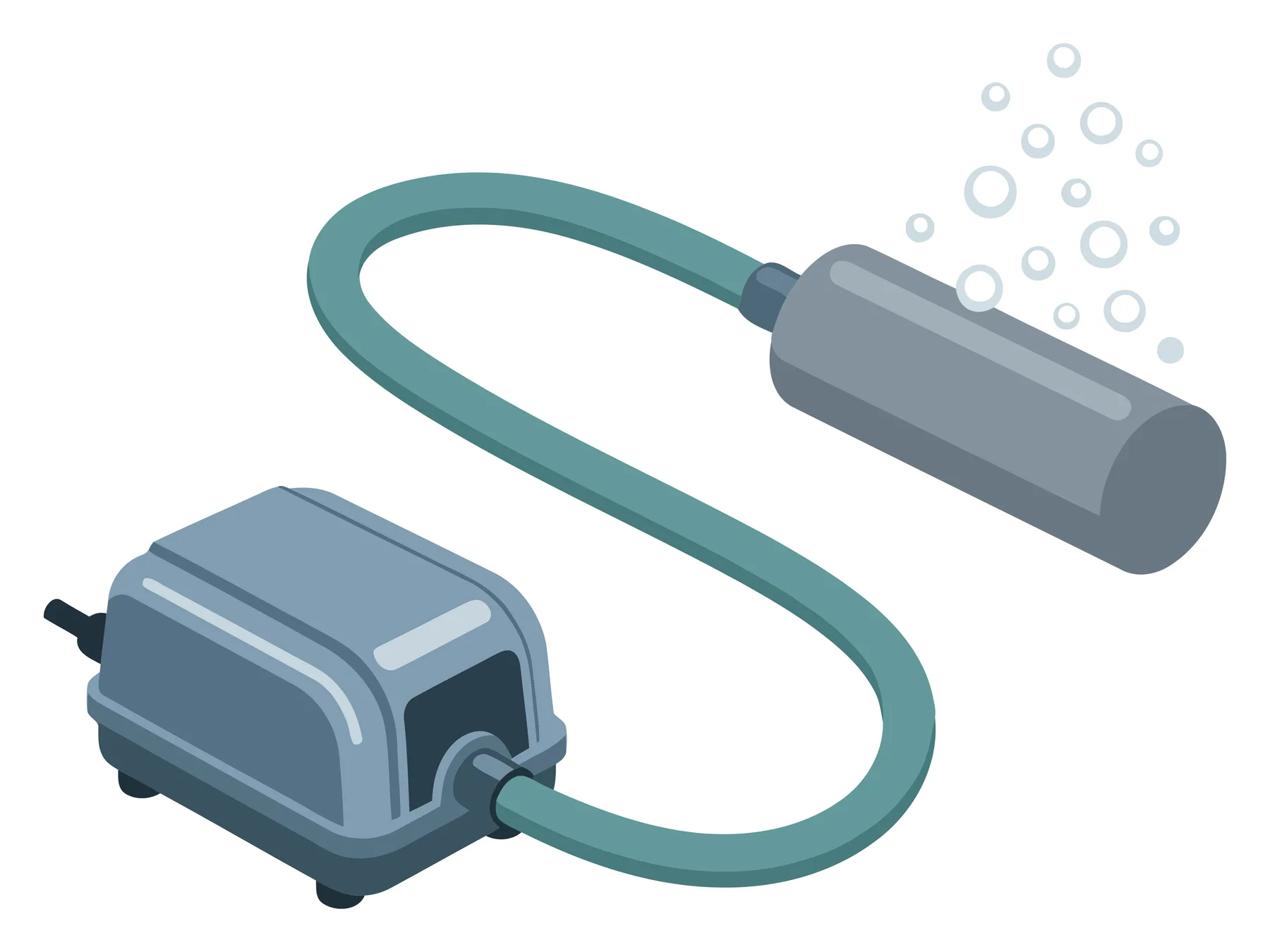 aquarium air pump with air stone and tubing, vector illustration of a fish tank aeration system for oxygenating water in a pet aquarium