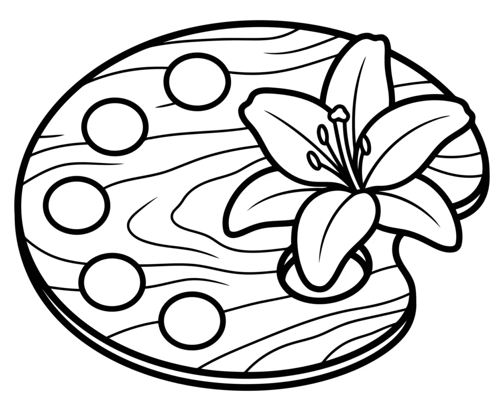 artist paint palette with a lily flower, line art illustration