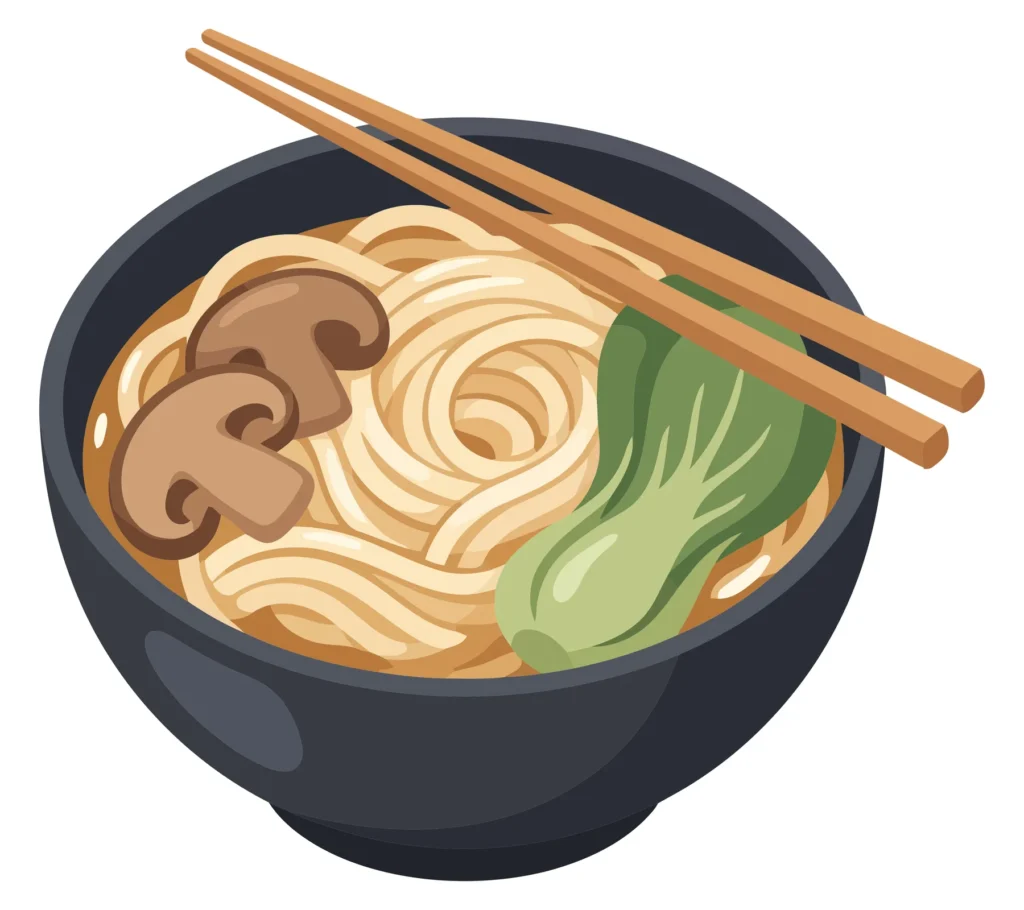 asian noodle soup bowl with udon noodles, mushrooms, bok choy and chopsticks