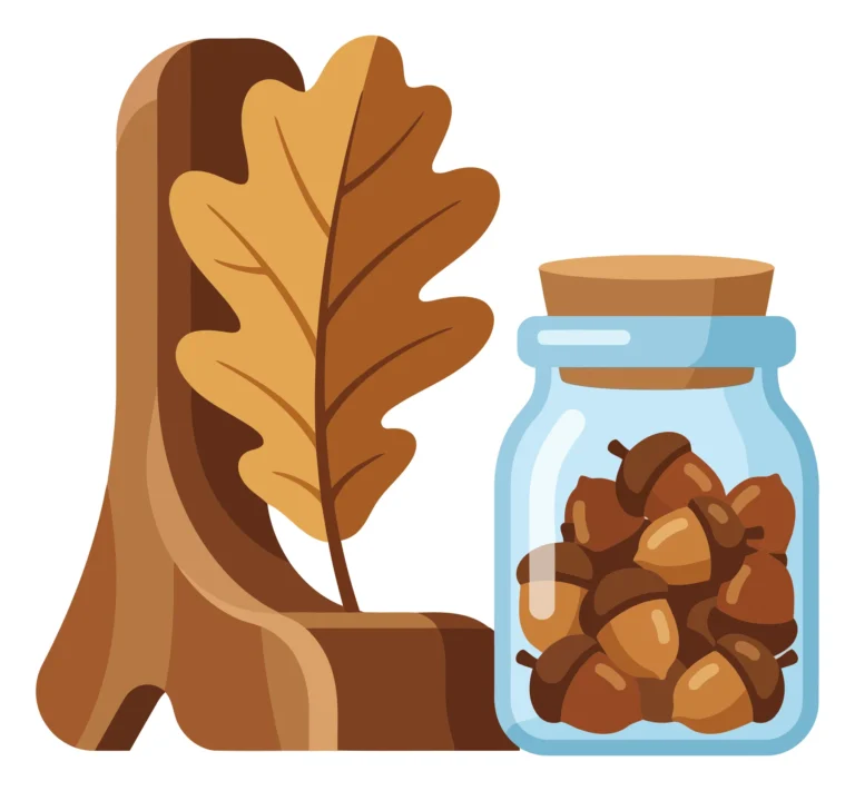 autumn composition with a large oak leaf and a glass jar filled with brown acorns, seasonal fall harvest illustration
