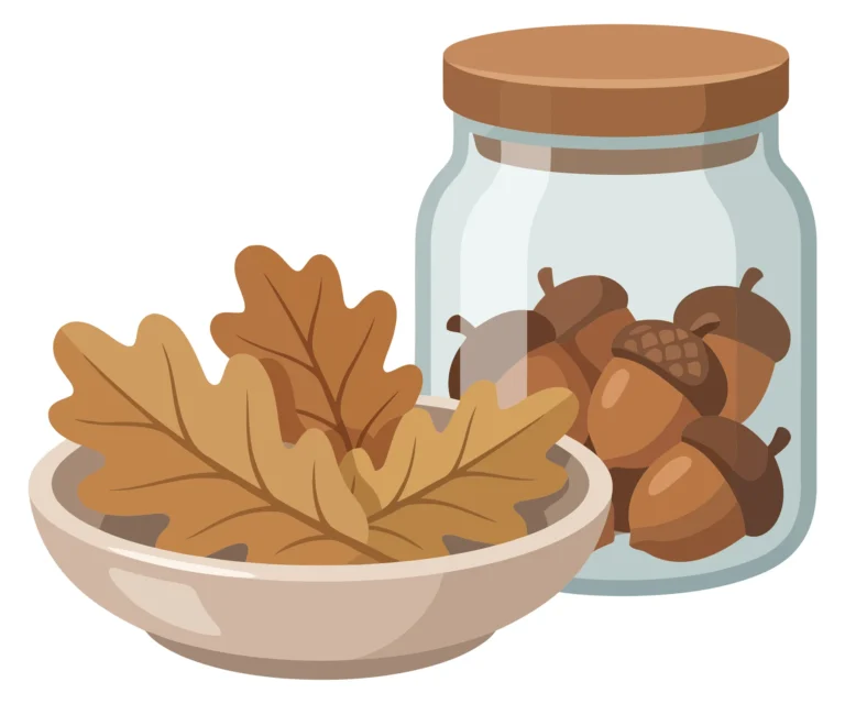 autumn composition with dry oak leaves in a ceramic bowl and brown acorns in a glass jar, seasonal fall harvest decoration isolated on white