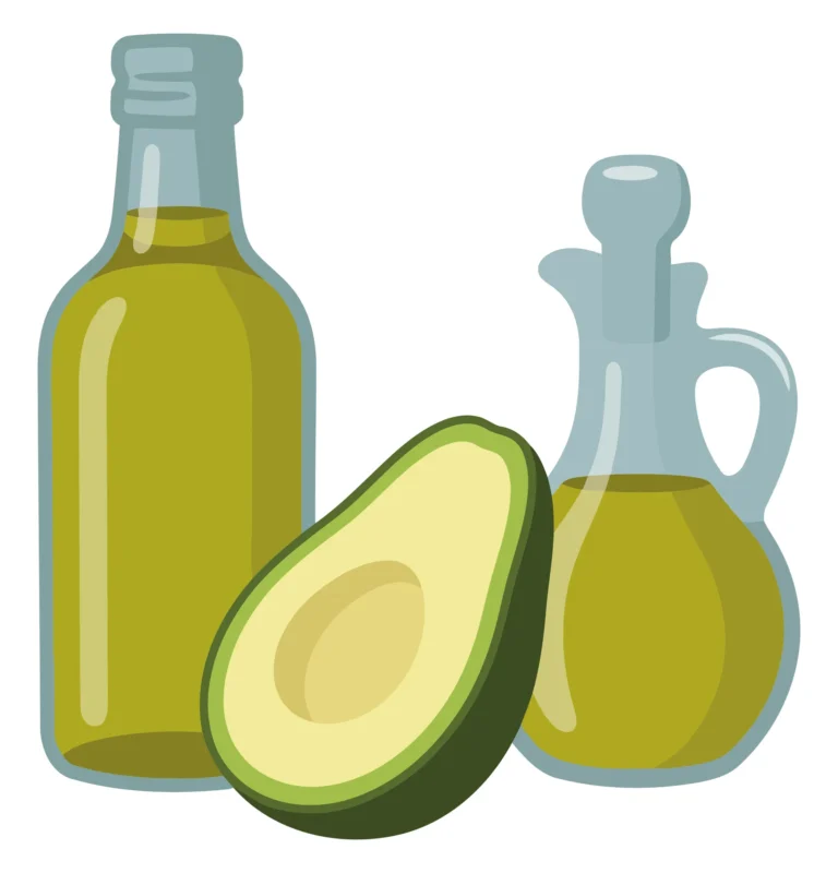 avocado oil in glass bottles and fresh avocado half isolated on white background