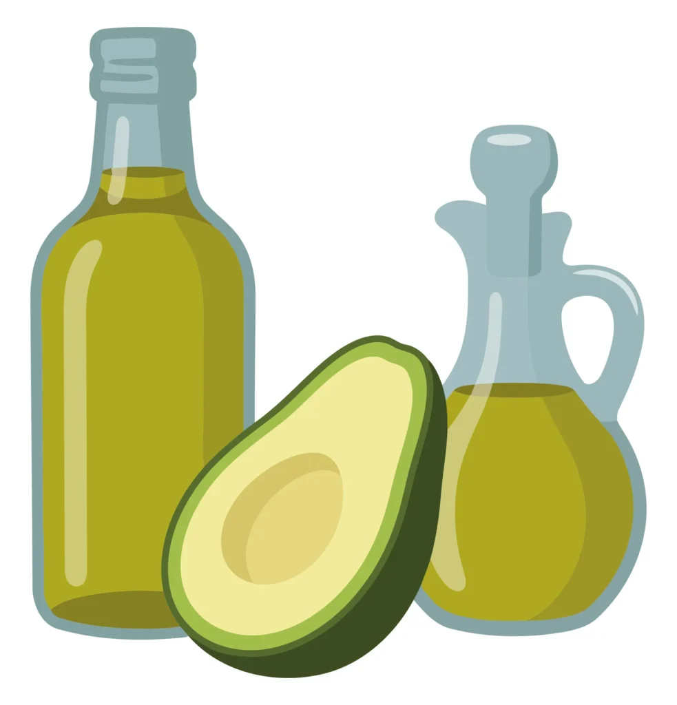 avocado oil in glass bottles and fresh avocado half isolated on white background