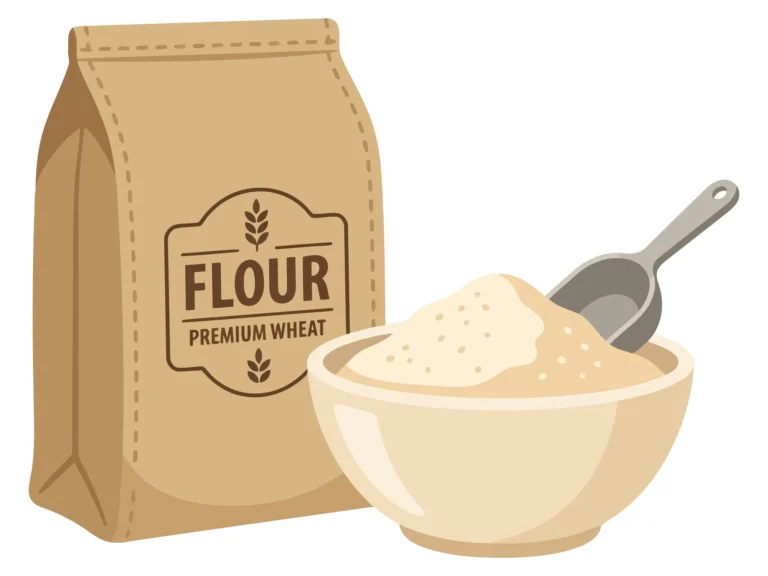 bag of flour and bowl with flour isolated on white background