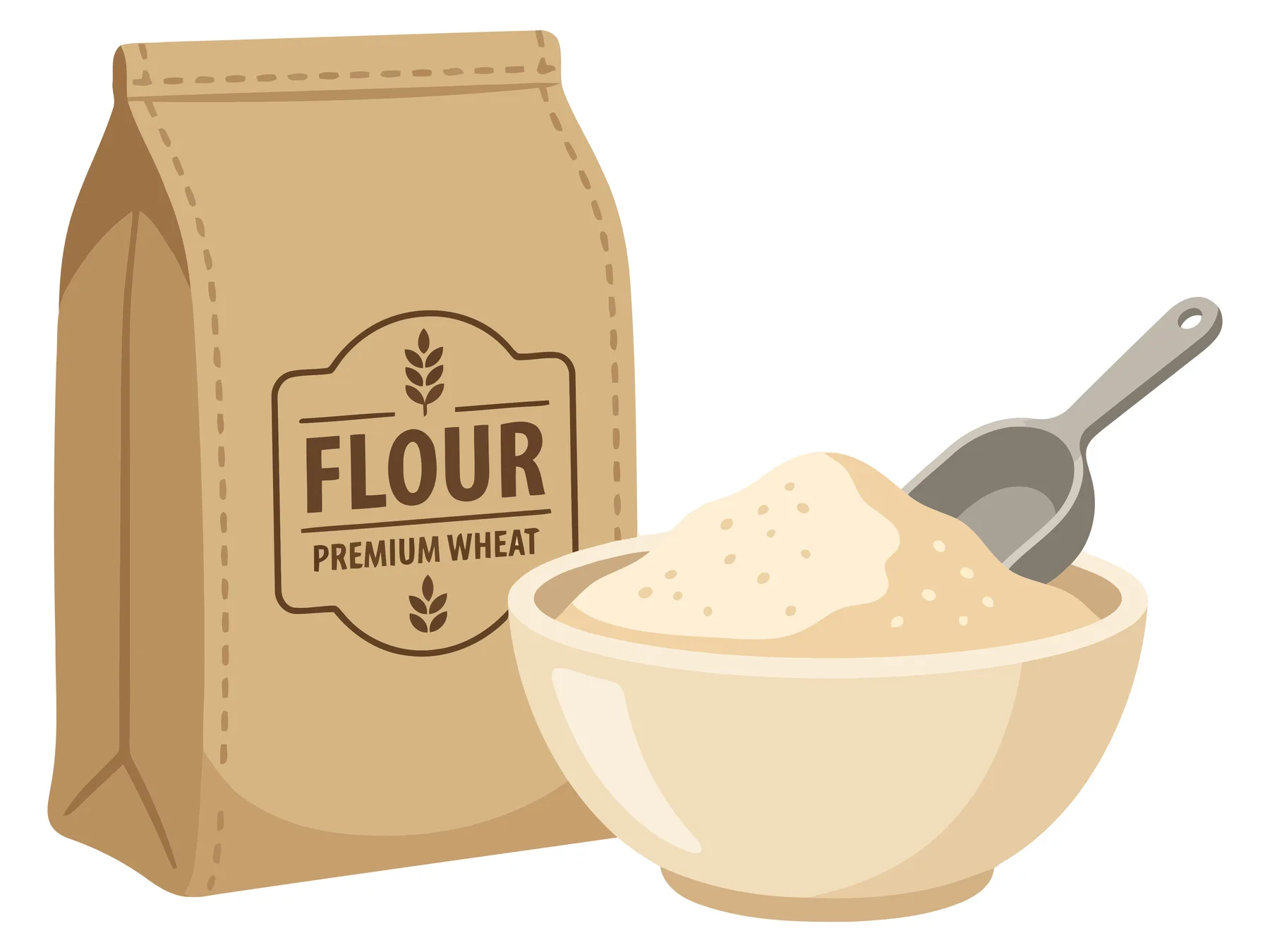 bag of flour and bowl with flour isolated on white background