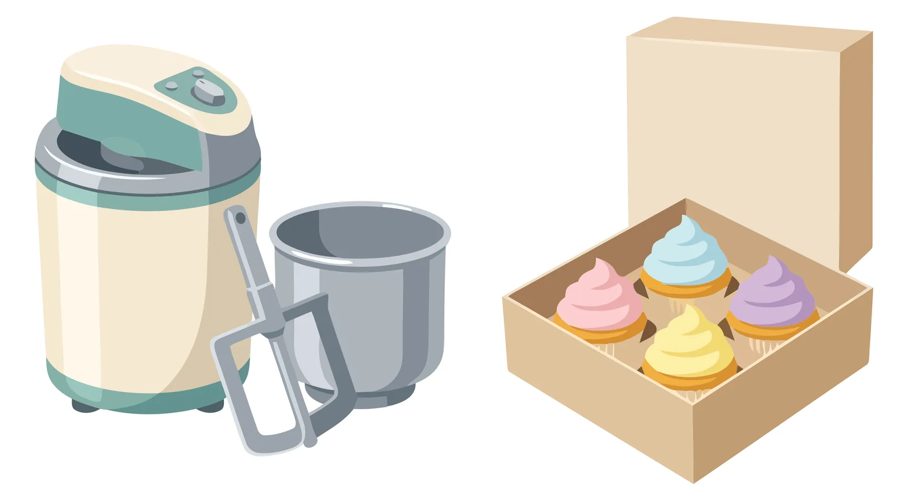 baking equipment mixer and box of colorful cupcakes