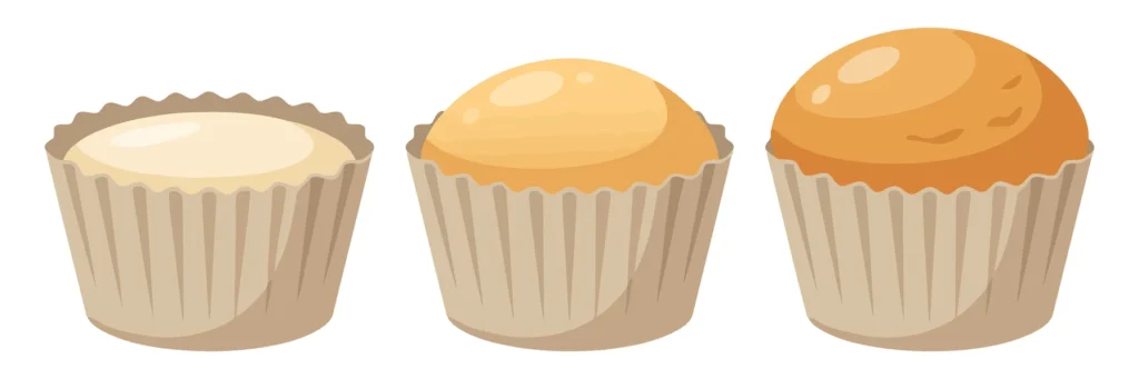 baking process of cupcakes in paper liners showing stages from batter to baked muffin isolated on white background