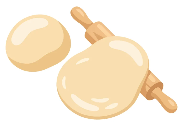 baking process with raw dough balls and a wooden rolling pin, isolated on white background