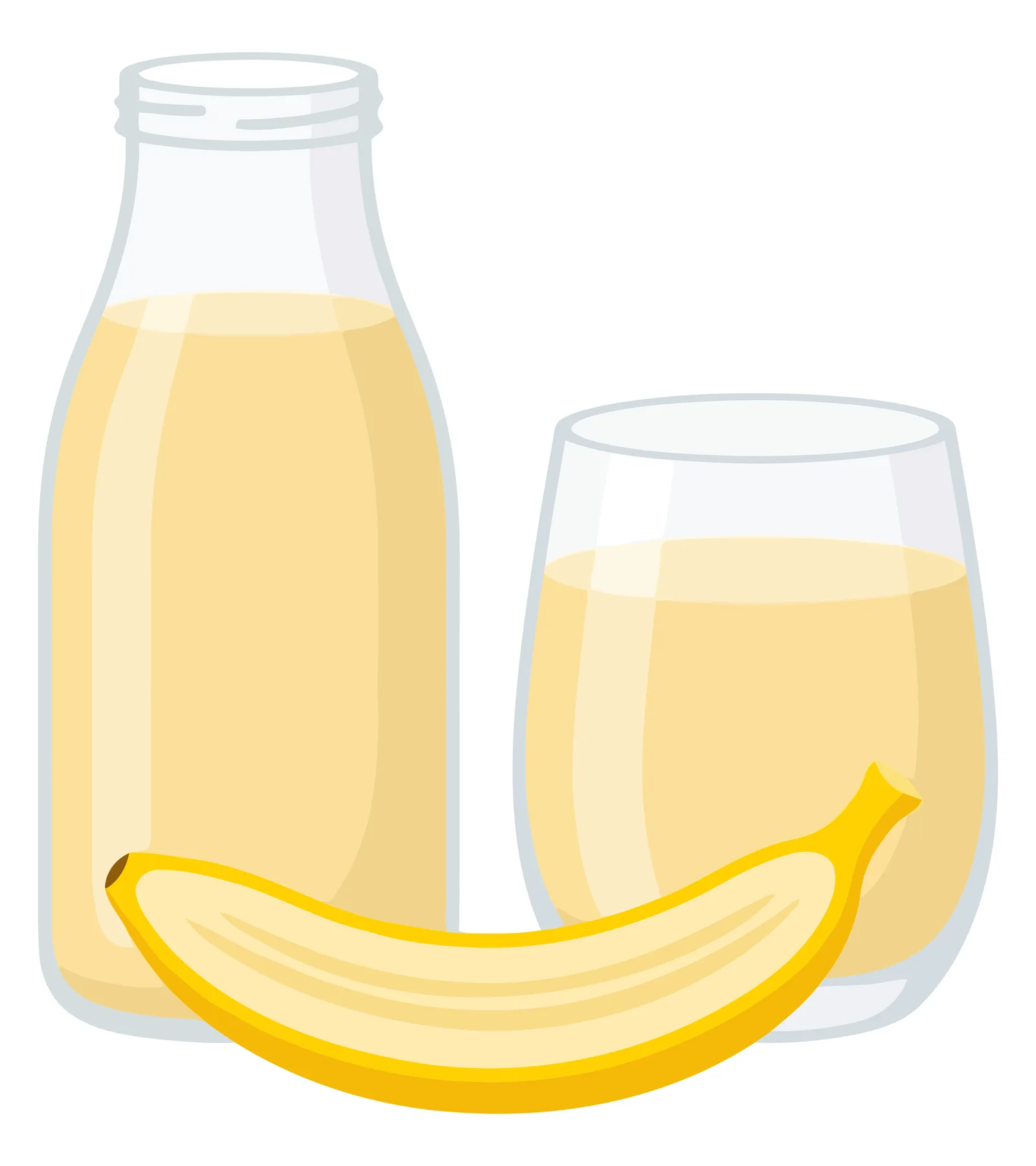 banana smoothie in a glass bottle and a glass cup with a fresh banana fruit isolated on white background