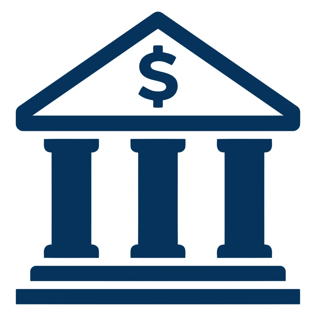 bank building icon with dollar sign, flat vector design