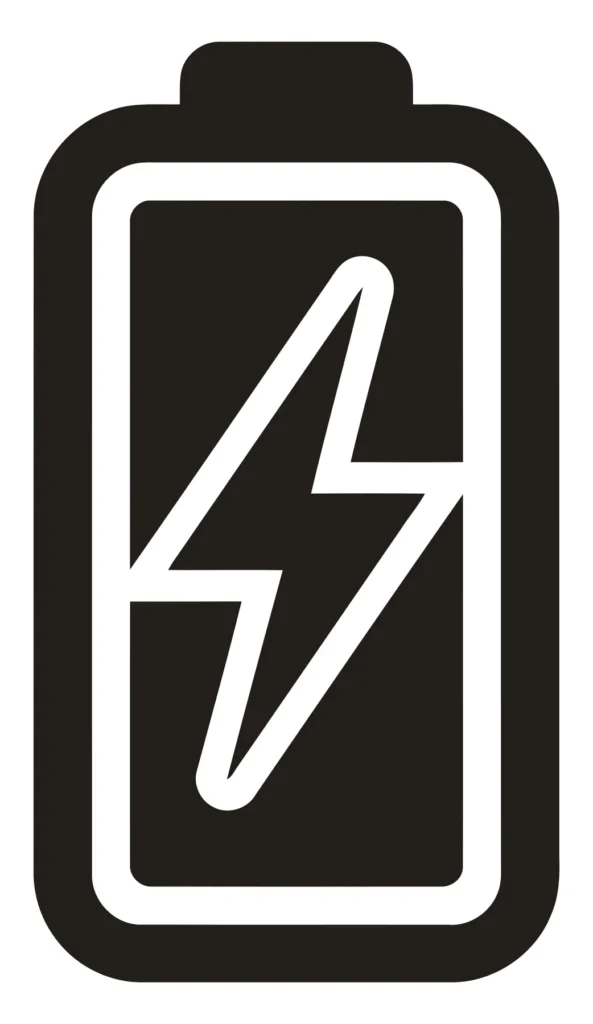 battery icon with a lightning bolt symbol, representing power, energy, charging status, or electrical capacity in a simple, bold graphic des
