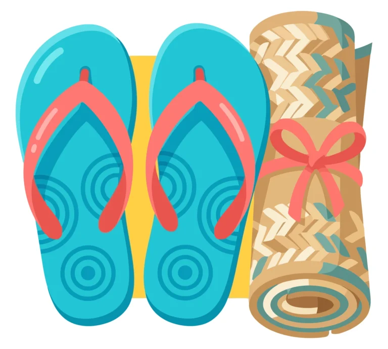 beach flip flops and rolled mat isolated on white background