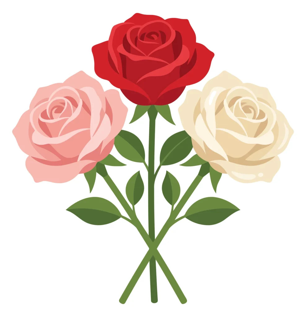 beautiful bouquet of three roses in red, pink, and white colors with green leaves and stems, elegant floral arrangement for romantic occasio