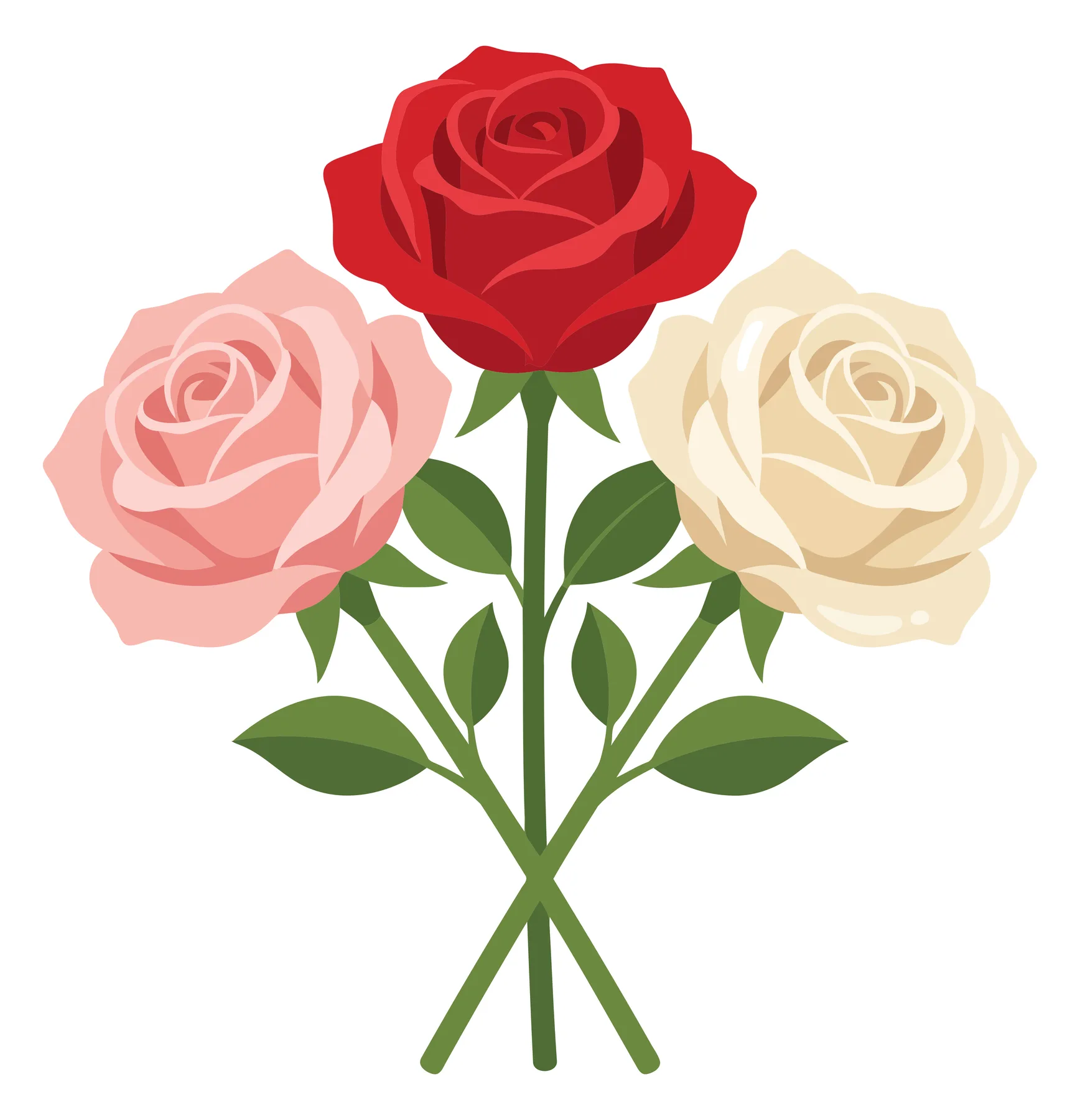 beautiful bouquet of three roses in red, pink, and white colors with green leaves and stems, elegant floral arrangement for romantic occasio