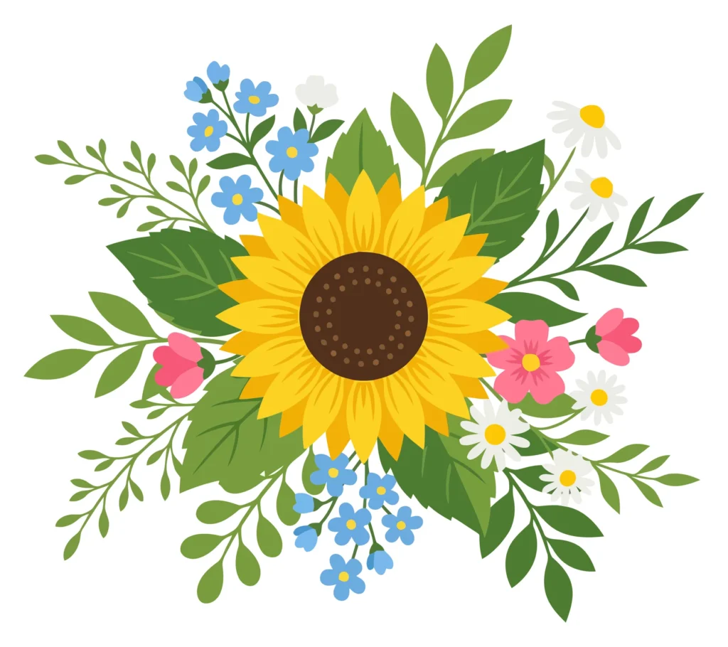 Colorful Sunflower and Wildflower Bouquet Vector Illustration beautiful floral bouquet arrangement with sunflower and mixed wildflowers vector illustration