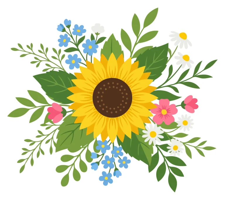 beautiful floral bouquet arrangement with sunflower and mixed wildflowers vector illustration
