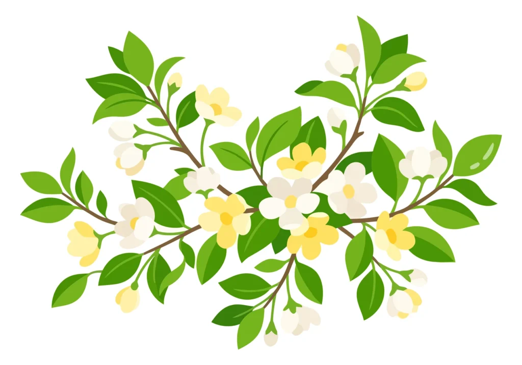 beautiful floral branch with white and yellow blossoms and green leaves