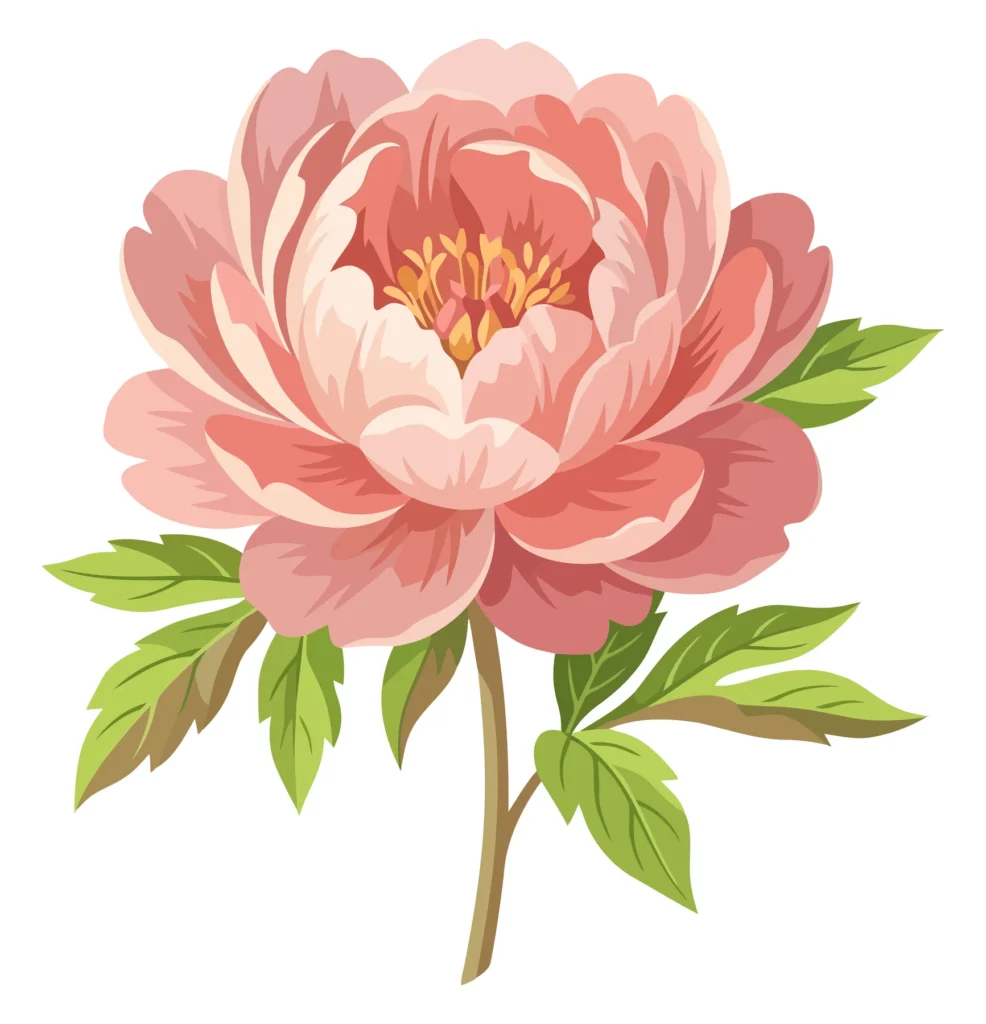 beautiful pink peony flower with green leaves