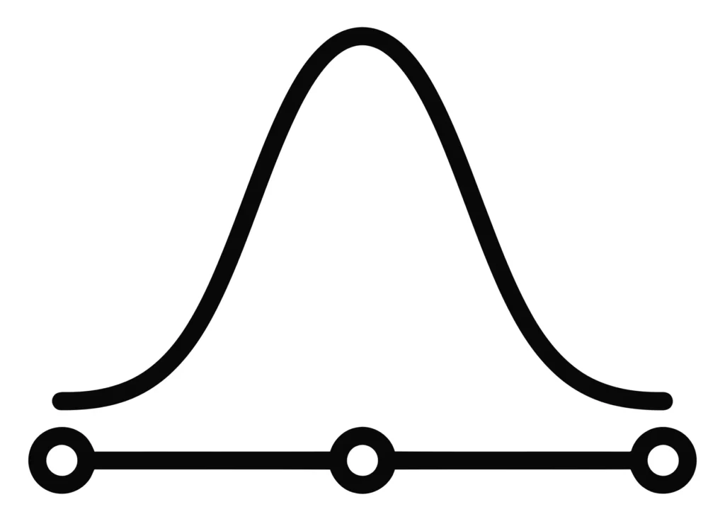bell curve icon with data points on a horizontal line, representing statistical distribution, probability, or normal distribution analysis i