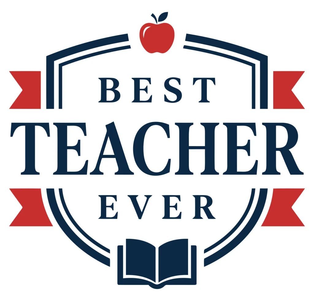 best teacher ever emblem with red ribbons and open book