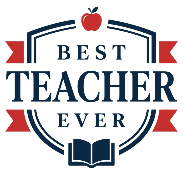 best teacher ever emblem with red ribbons and open book
