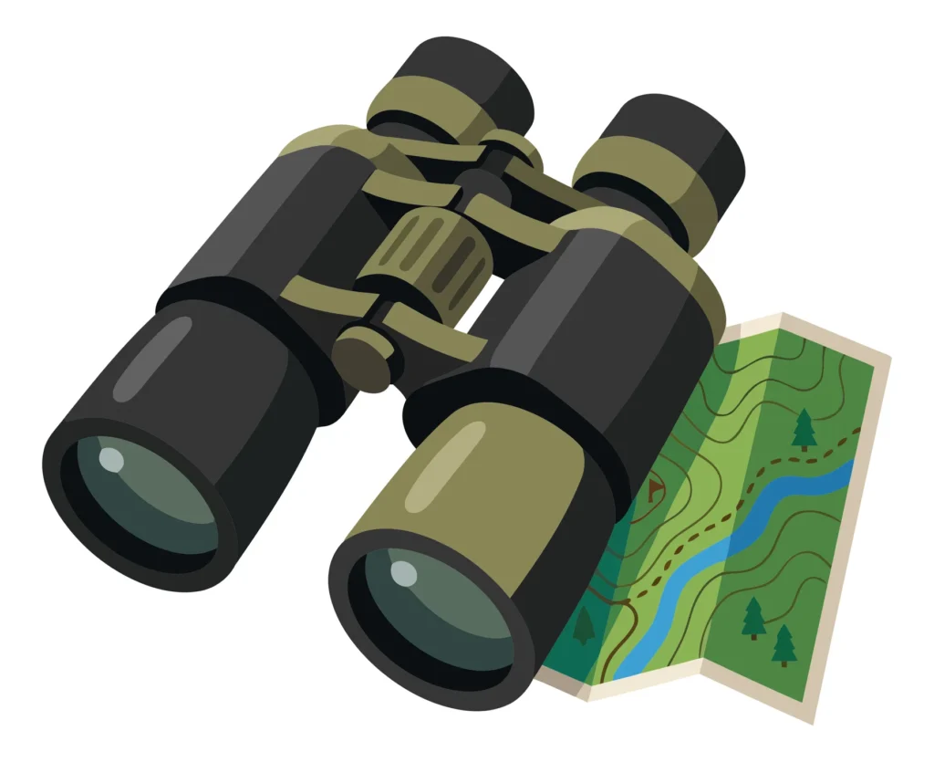 binoculars and a topographic map for hiking, camping, and outdoor exploration, vector illustration of travel gear for navigation and adventu