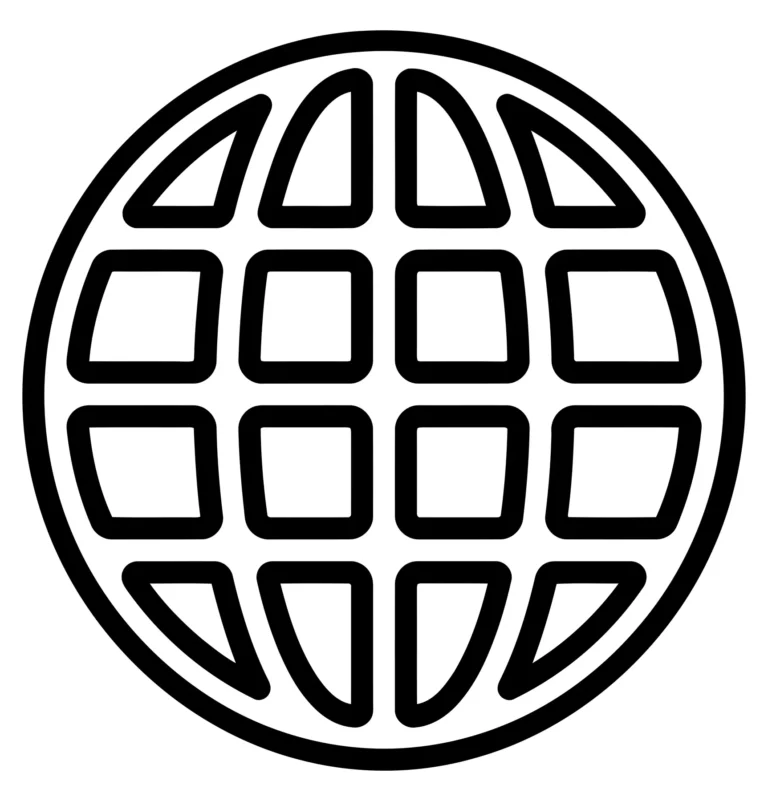 black and white line art icon of a globe