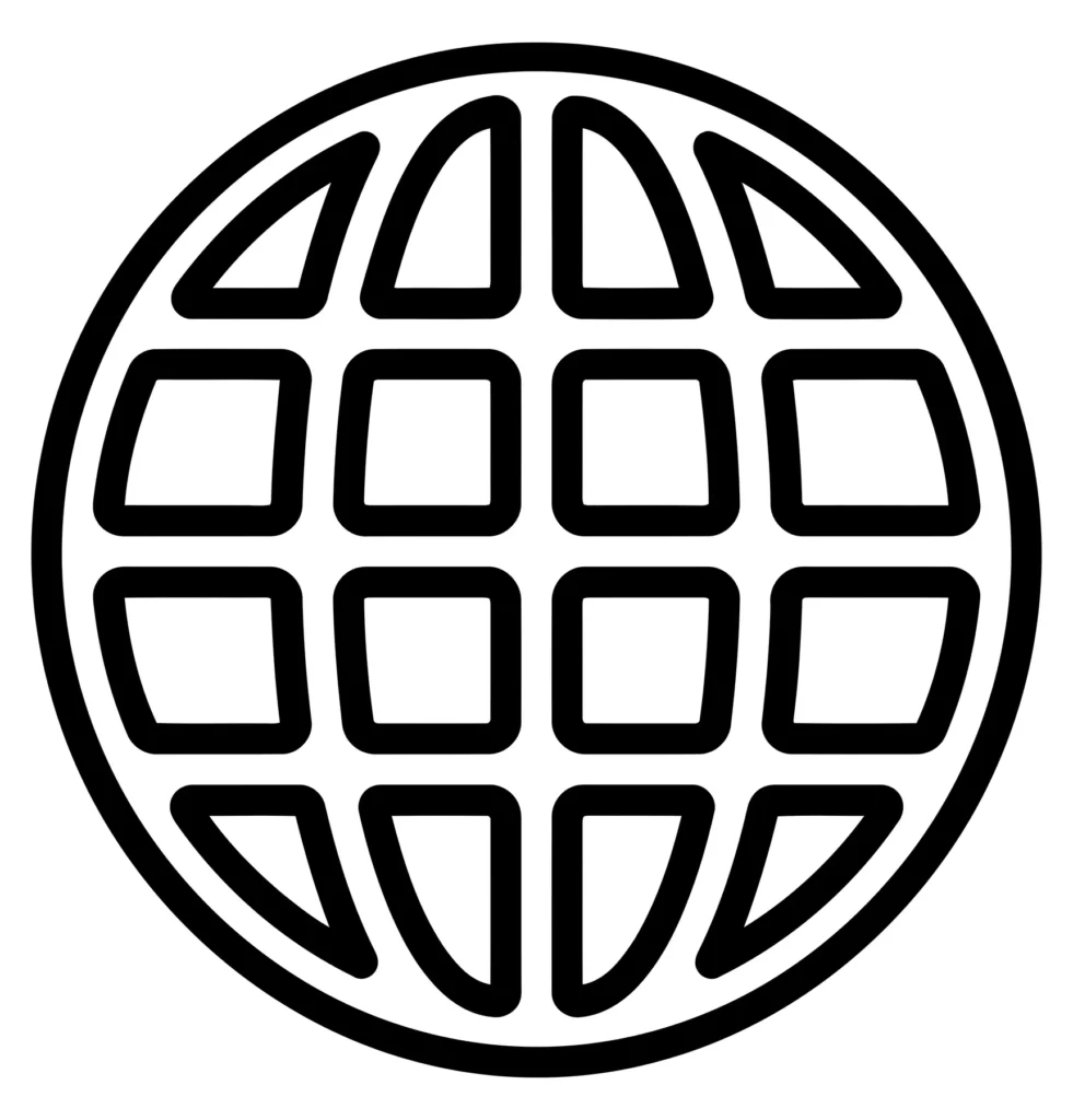 black and white line art icon of a globe
