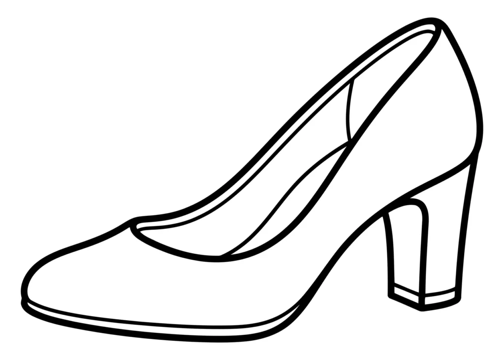 black and white line art illustration of a classic high heel pump shoe
