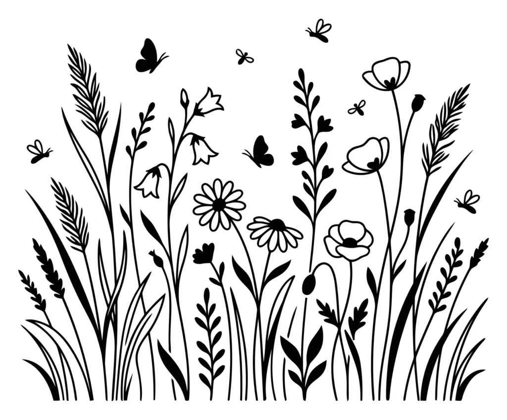black and white line art illustration of a wildflower meadow with butterflies