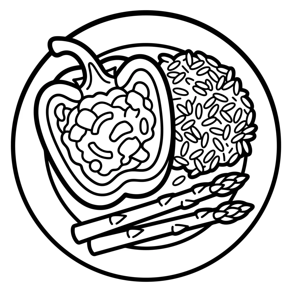 black and white line art illustration of stuffed bell pepper with rice and asparagus