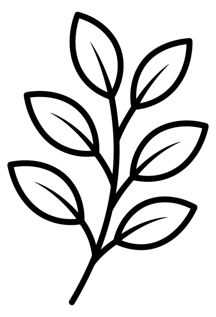 black and white outline of a branch with leaves