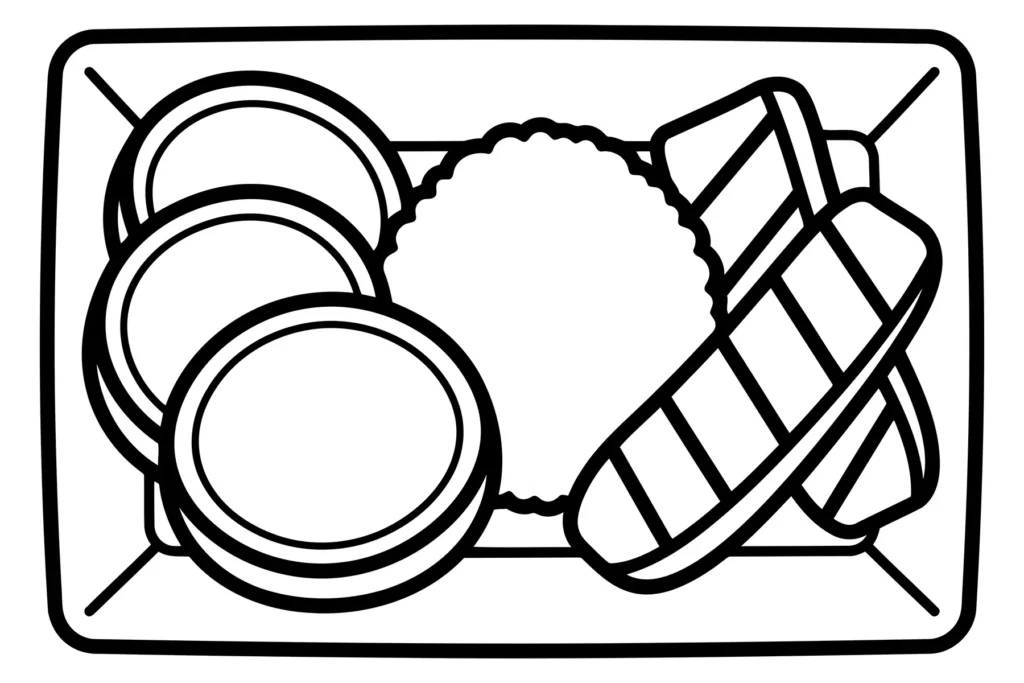 black and white outline of bento box with rice and side dishes