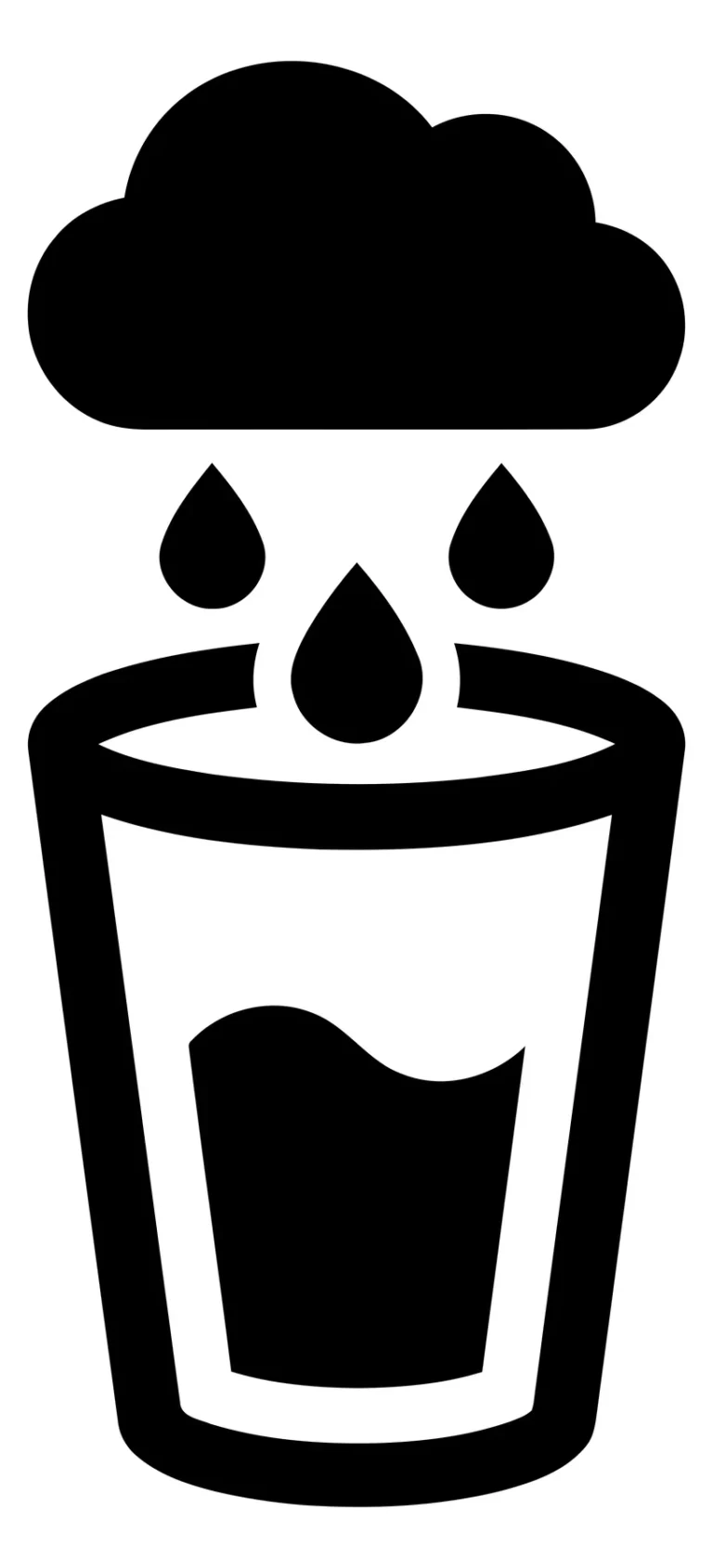 black silhouette icon of a glass being filled with water from a rain cloud, representing hydration and weather