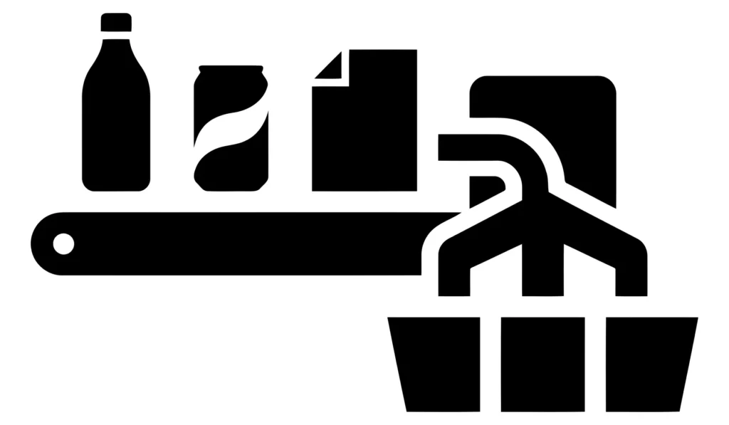 black silhouette icon of a recycling sorting conveyor belt with waste items