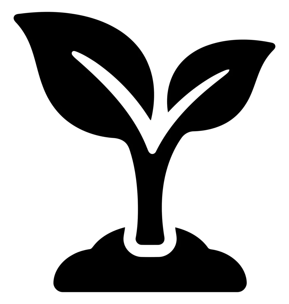 black silhouette icon of a small plant sprout growing from soil, symbolizing new life and gardening