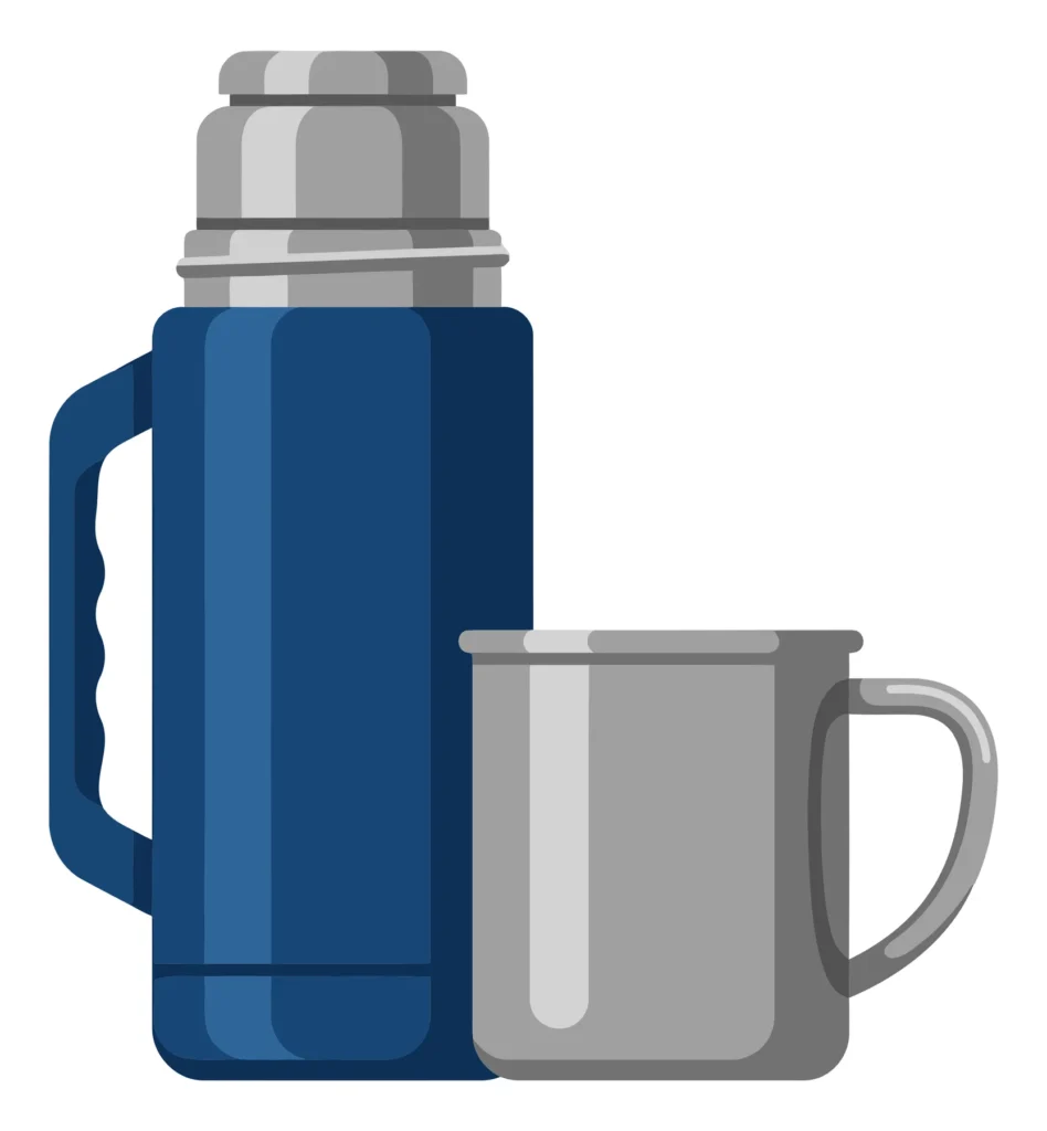blue thermos flask with a handle and a matching grey metal mug standing next to it, camping equipment for hot drinks, vector illustration is