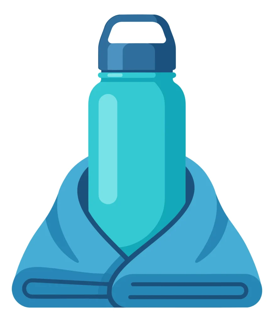 blue water bottle wrapped in a folded towel, gym or fitness concept, vector illustration of hydration and wellness accessories
