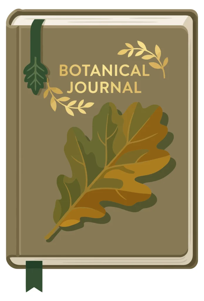 botanical journal notebook with an oak leaf illustration on the cover, vintage style diary for nature lovers, flat vector illustration of a