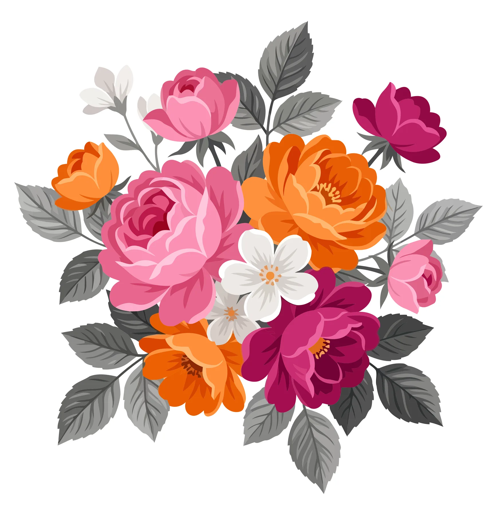 Colorful Bouquet of Roses and Leaves Illustration