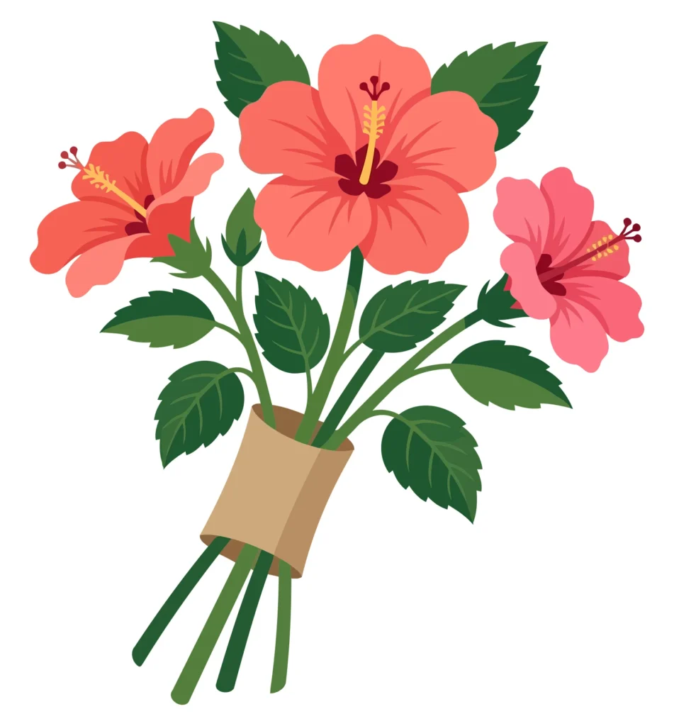 bouquet of pink hibiscus flowers with green leaves