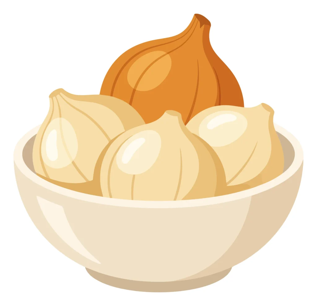 bowl filled with fresh whole onions, including one brown onion and several white onions, arranged in a simple rustic container, isolated on