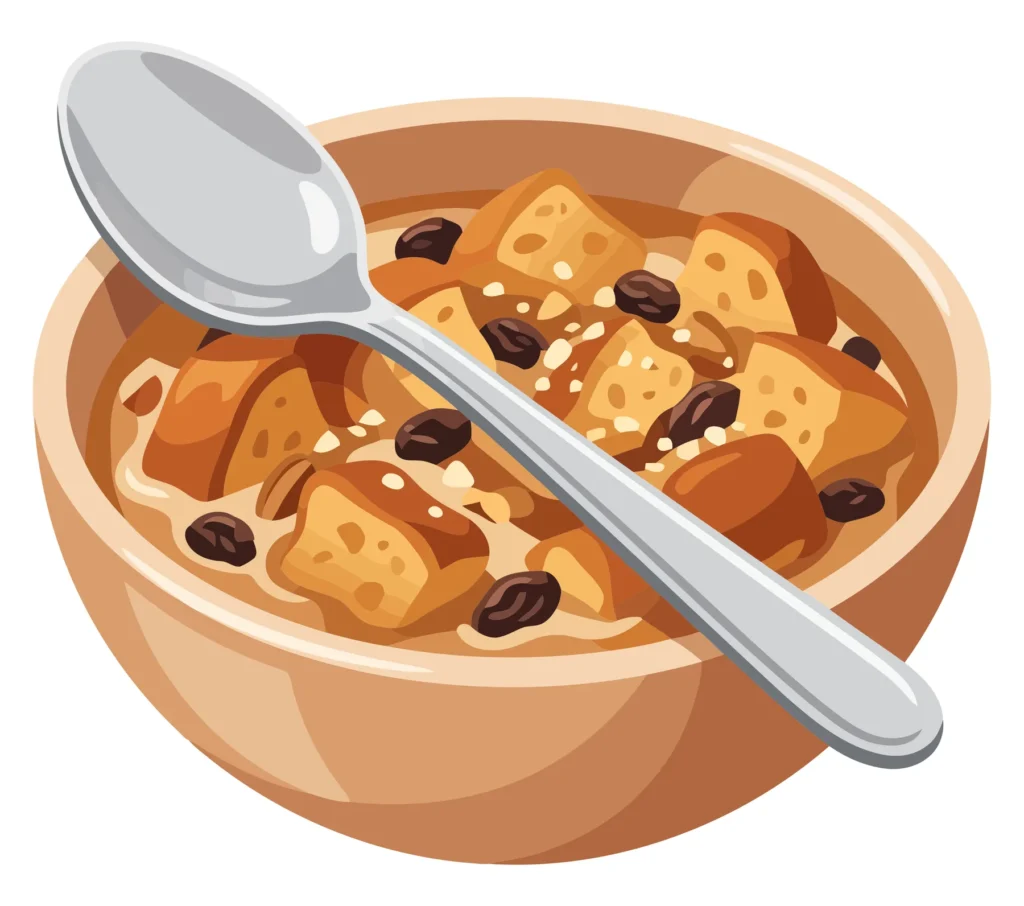 bowl of bread pudding with raisins and a silver spoon, isolated on white background