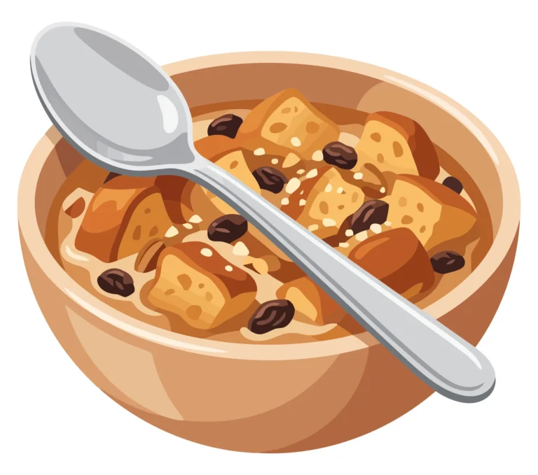bowl of bread pudding with raisins and a silver spoon, isolated on white background