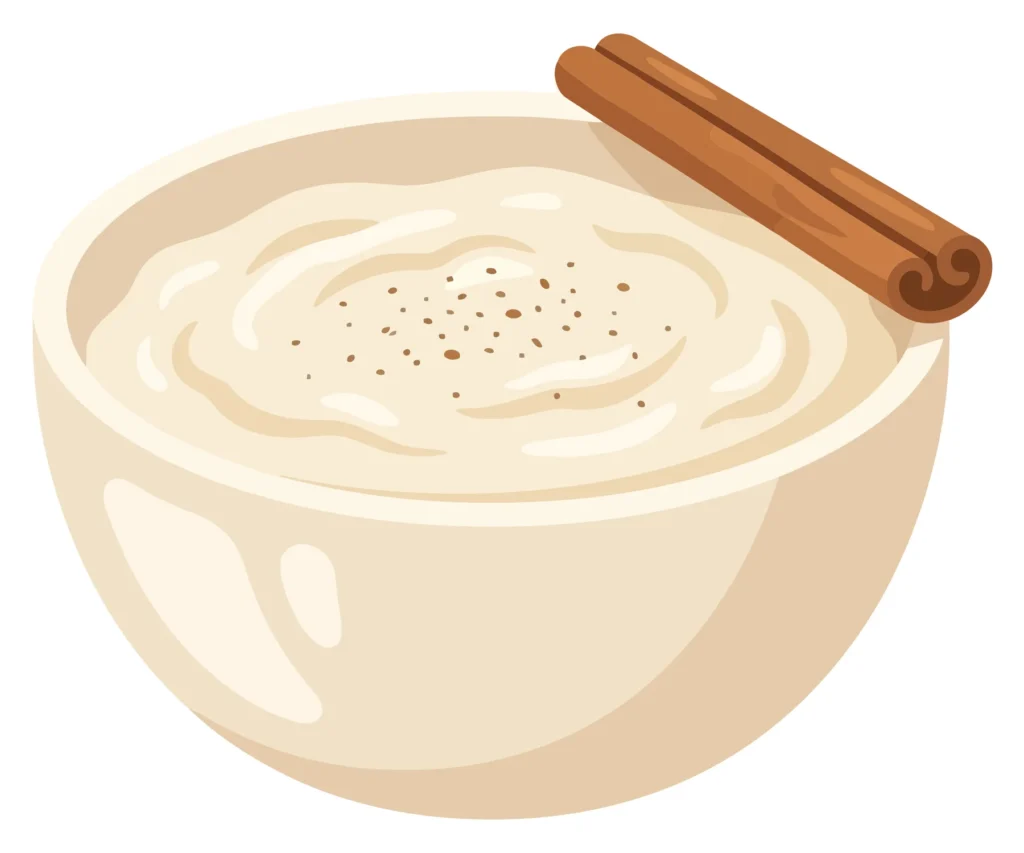 bowl of creamy porridge or rice pudding garnished with a cinnamon stick and sprinkled with spices, isolated on white background