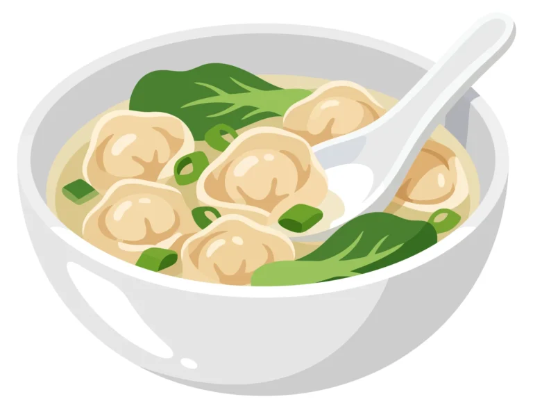 bowl of delicious wonton soup with dumplings, bok choy, and green onions, served with a white ceramic spoon, vector illustration
