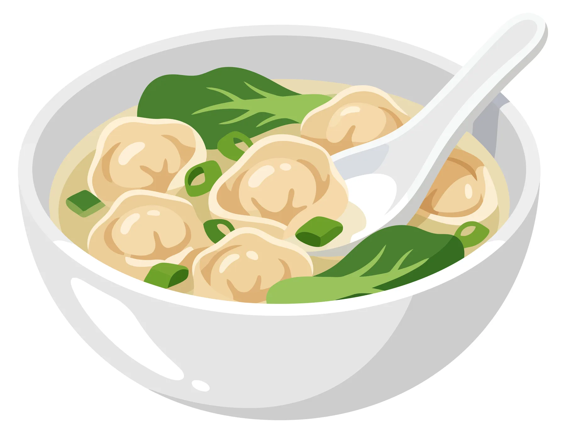bowl of delicious wonton soup with dumplings, bok choy, and green onions, served with a white ceramic spoon, vector illustration